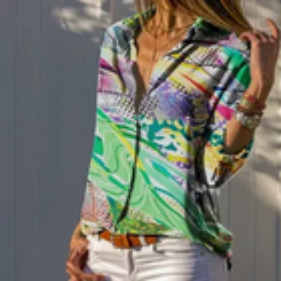Geometric Print Front Button Womens Long Sleeve Shirt, Multicolor (US L) - Picture 1 of 5